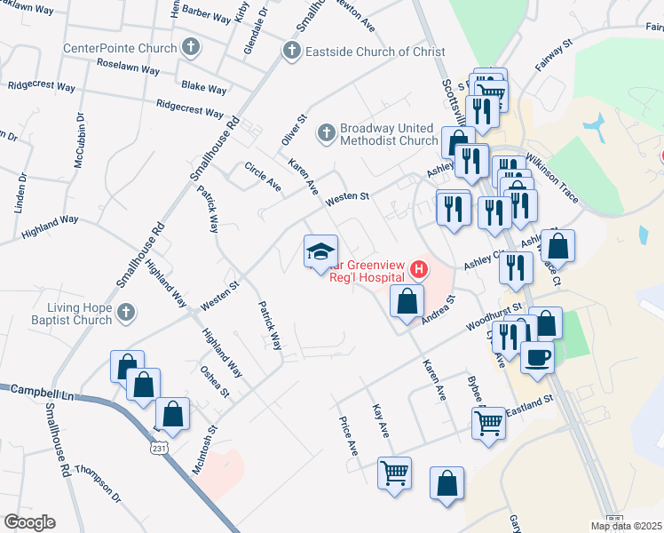 map of restaurants, bars, coffee shops, grocery stores, and more near 1801 Rockingham Avenue in Bowling Green