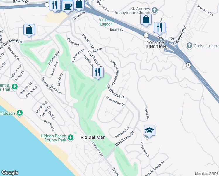 map of restaurants, bars, coffee shops, grocery stores, and more near 627 Clubhouse Drive in Aptos