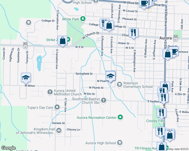 map of restaurants, bars, coffee shops, grocery stores, and more near 627 West Springfield Street in Aurora