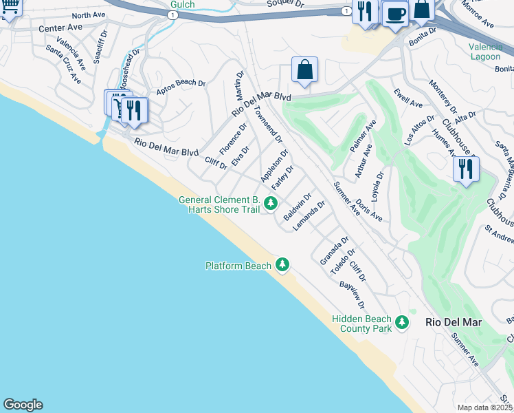 map of restaurants, bars, coffee shops, grocery stores, and more near 414 Seaview Drive in Aptos