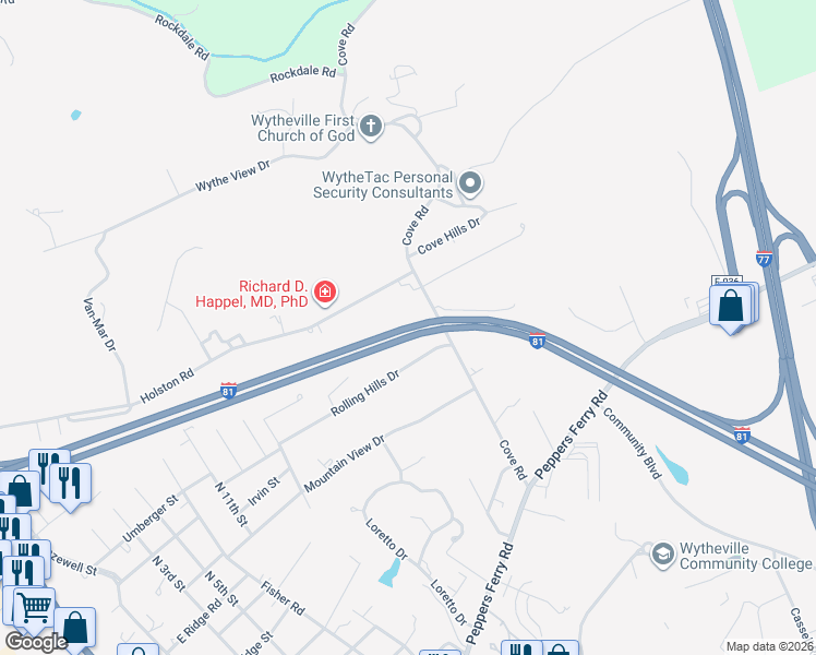 map of restaurants, bars, coffee shops, grocery stores, and more near U.S. 52 in Wytheville