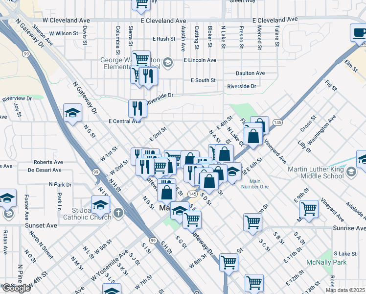 map of restaurants, bars, coffee shops, grocery stores, and more near 325 North C Street in Madera
