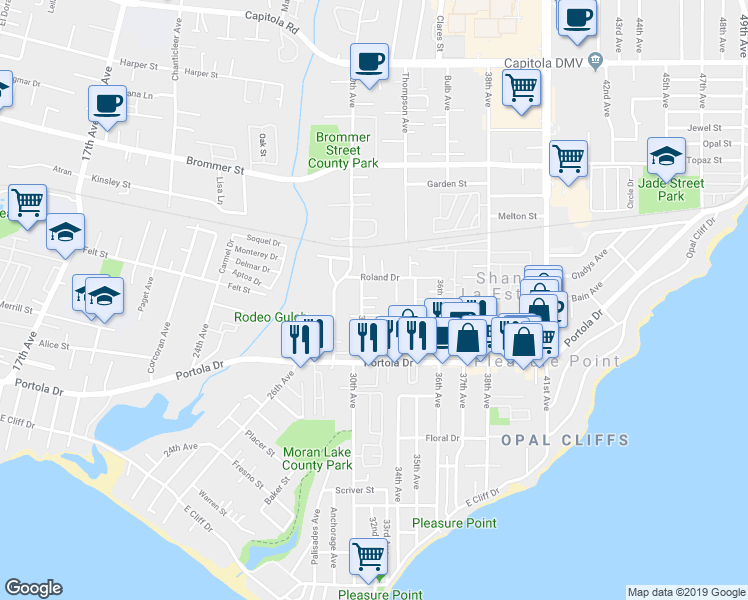 map of restaurants, bars, coffee shops, grocery stores, and more near 970 32nd Avenue in Santa Cruz