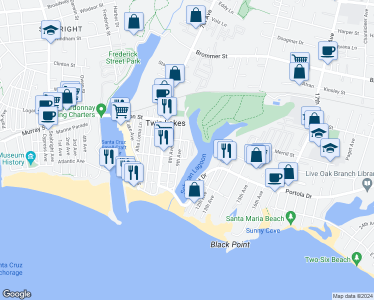 map of restaurants, bars, coffee shops, grocery stores, and more near 368 9th Avenue in Santa Cruz