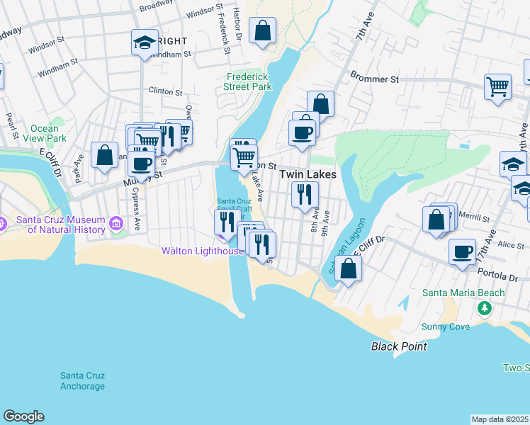 map of restaurants, bars, coffee shops, grocery stores, and more near 345 Lake Avenue in Santa Cruz
