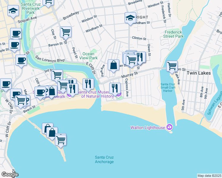 map of restaurants, bars, coffee shops, grocery stores, and more near 216 Pilkington Avenue in Santa Cruz