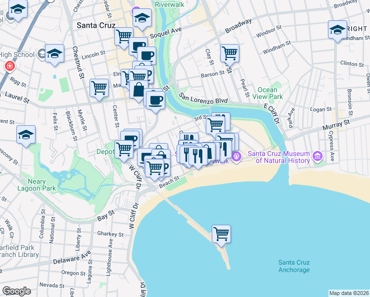 map of restaurants, bars, coffee shops, grocery stores, and more near 304 Cliff Street in Santa Cruz