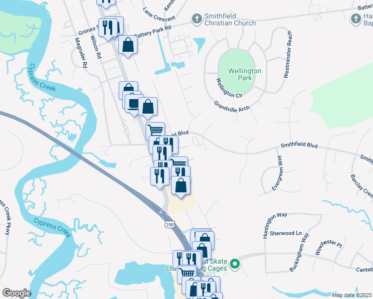 map of restaurants, bars, coffee shops, grocery stores, and more near 107 Mount Vernon Court in Smithfield