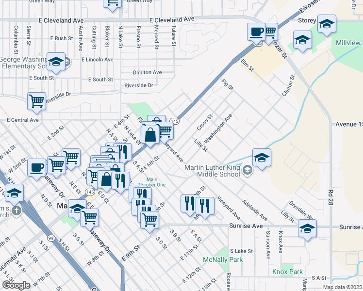 map of restaurants, bars, coffee shops, grocery stores, and more near 714 East 6th Street in Madera