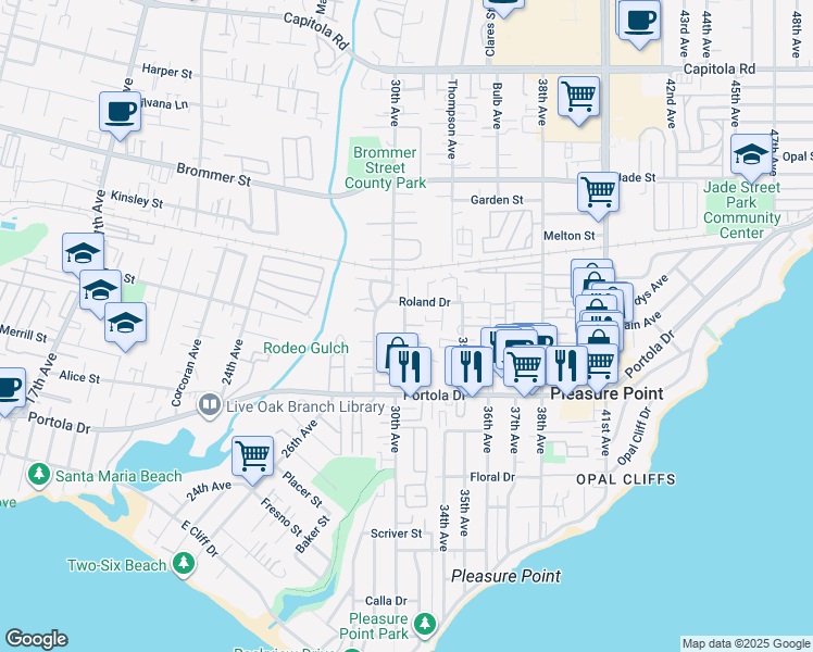 map of restaurants, bars, coffee shops, grocery stores, and more near 944 32nd Avenue in Santa Cruz