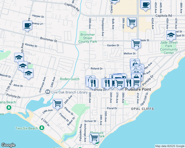 map of restaurants, bars, coffee shops, grocery stores, and more near 946 32nd Avenue in Santa Cruz