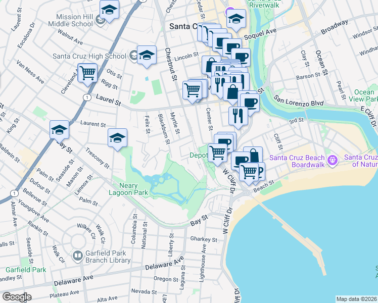 map of restaurants, bars, coffee shops, grocery stores, and more near 302 Everson Drive in Santa Cruz