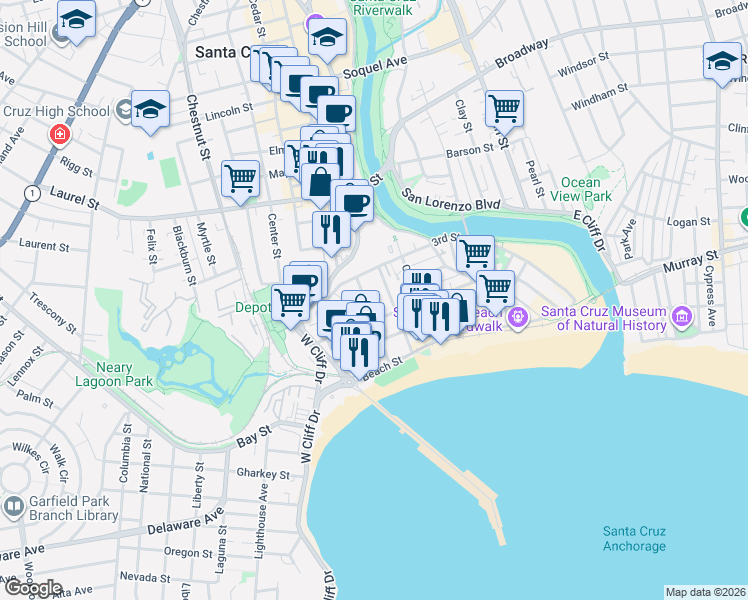 map of restaurants, bars, coffee shops, grocery stores, and more near 333 Main Street in Santa Cruz