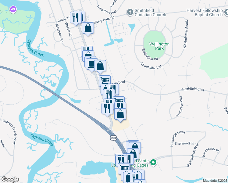 map of restaurants, bars, coffee shops, grocery stores, and more near 100 Montpellier Way in Smithfield
