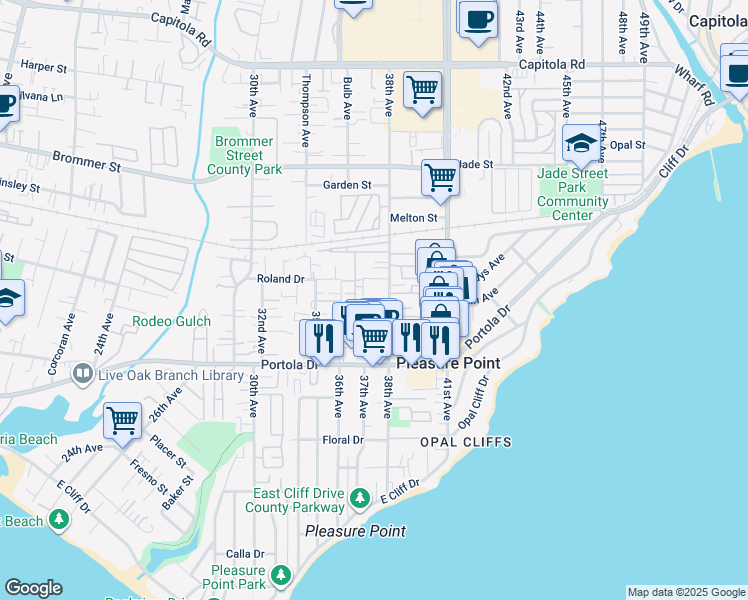 map of restaurants, bars, coffee shops, grocery stores, and more near 3715 Tranquility Court in Santa Cruz