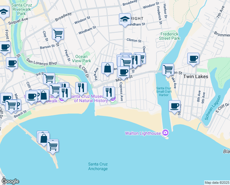 map of restaurants, bars, coffee shops, grocery stores, and more near 208 Brook Avenue in Santa Cruz