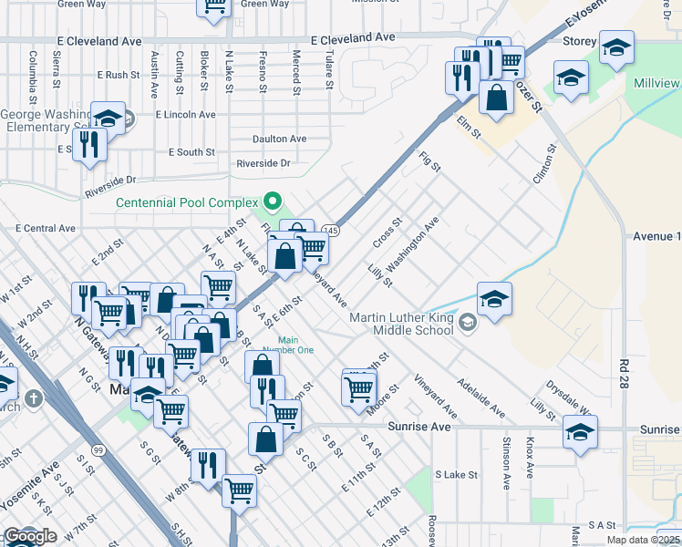 map of restaurants, bars, coffee shops, grocery stores, and more near 714 East 6th Street in Madera