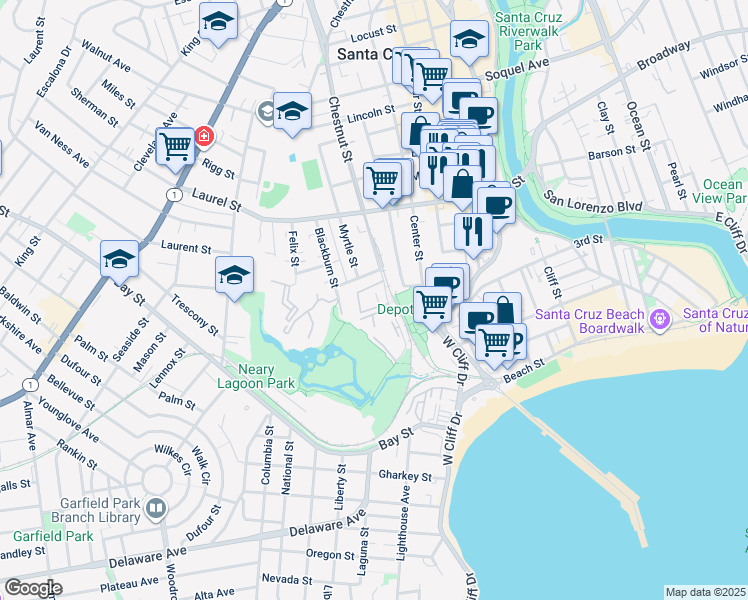 map of restaurants, bars, coffee shops, grocery stores, and more near 302 Everson Drive in Santa Cruz