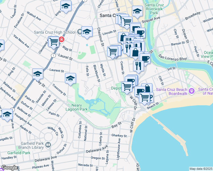 map of restaurants, bars, coffee shops, grocery stores, and more near 228 Everson Drive in Santa Cruz