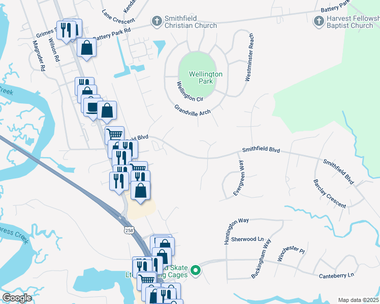 map of restaurants, bars, coffee shops, grocery stores, and more near 309 Smithfield Boulevard in Smithfield
