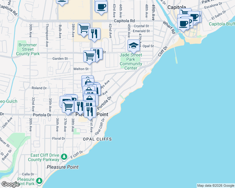 map of restaurants, bars, coffee shops, grocery stores, and more near 4445 Portola Drive in Santa Cruz