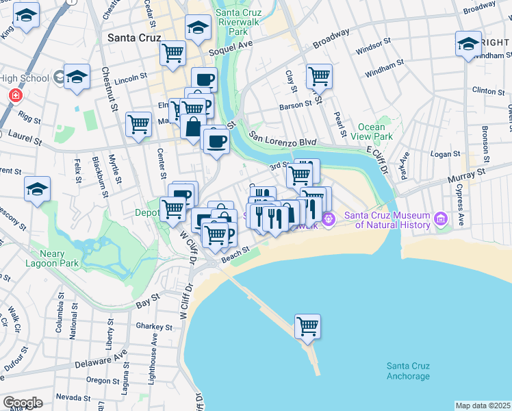 map of restaurants, bars, coffee shops, grocery stores, and more near 306 Cliff Street in Santa Cruz
