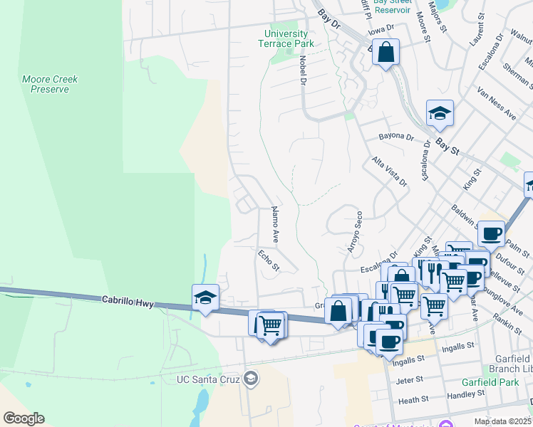 map of restaurants, bars, coffee shops, grocery stores, and more near 502 Western Drive in Santa Cruz