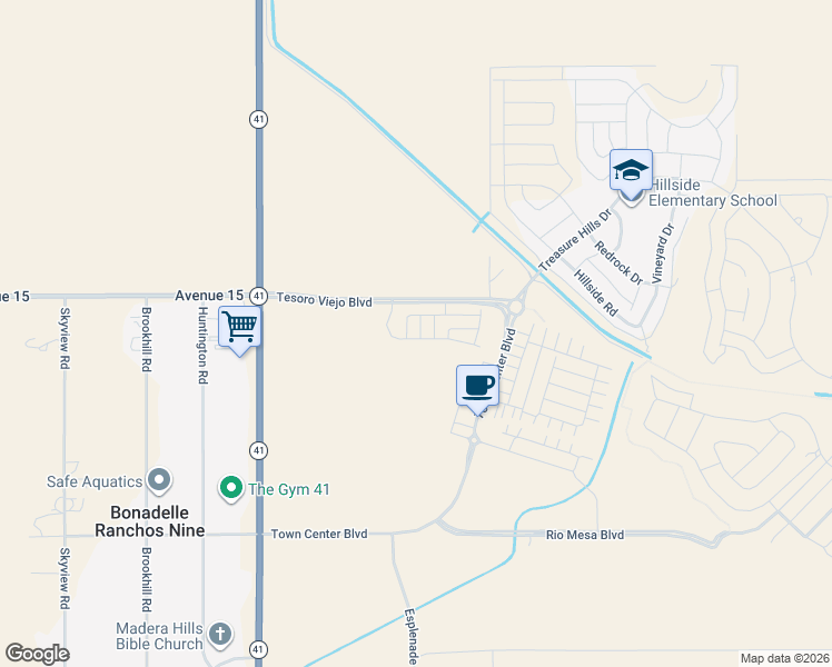 map of restaurants, bars, coffee shops, grocery stores, and more near 14915-14999 California 41 in Madera