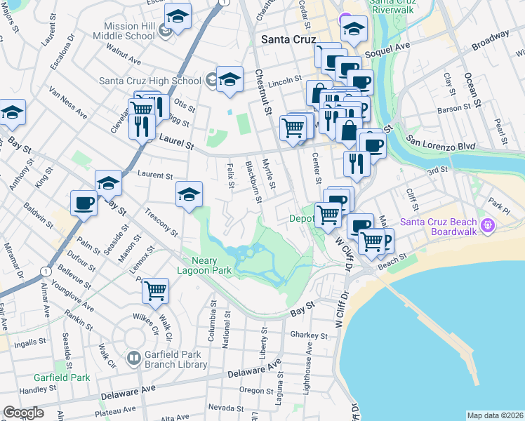 map of restaurants, bars, coffee shops, grocery stores, and more near Blackburn St & Shelter Lagoon Dr in Santa Cruz