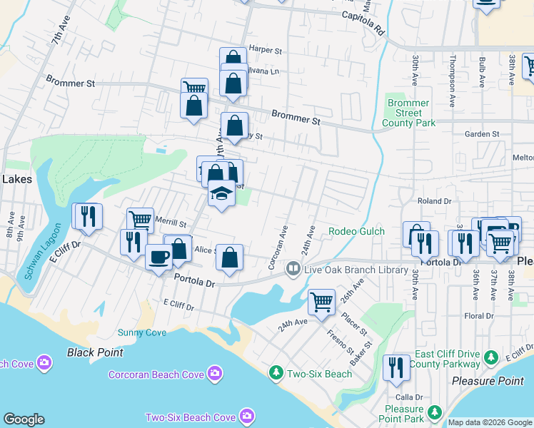 map of restaurants, bars, coffee shops, grocery stores, and more near 823 Corcoran Avenue in Santa Cruz
