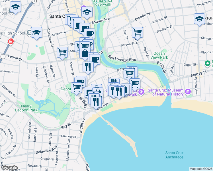 map of restaurants, bars, coffee shops, grocery stores, and more near 114 Younger Way in Santa Cruz