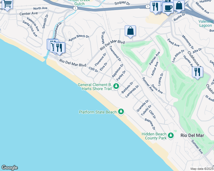 map of restaurants, bars, coffee shops, grocery stores, and more near 414 Seaview Drive in Aptos