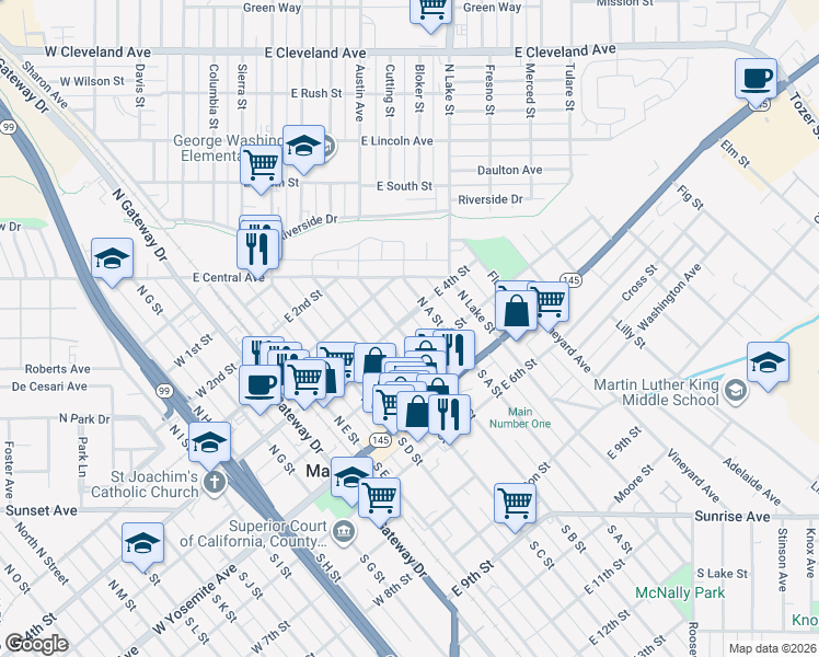 map of restaurants, bars, coffee shops, grocery stores, and more near 301 North B Street in Madera