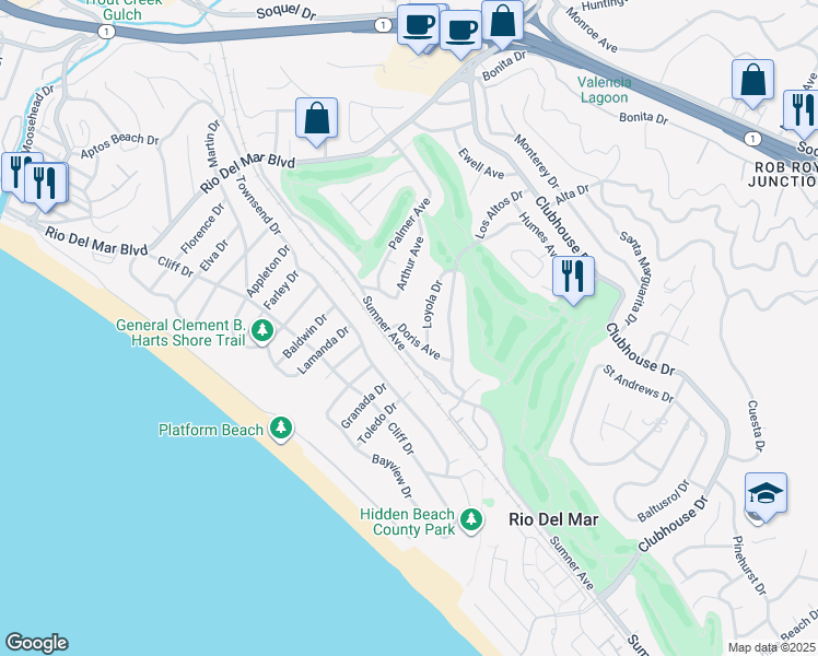 map of restaurants, bars, coffee shops, grocery stores, and more near 313 Loyola Drive in Aptos
