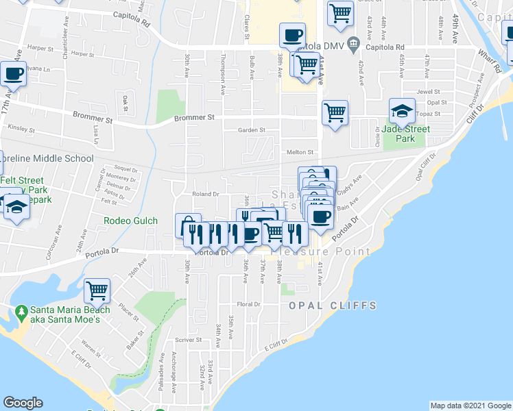 map of restaurants, bars, coffee shops, grocery stores, and more near 981 36th Avenue in Santa Cruz