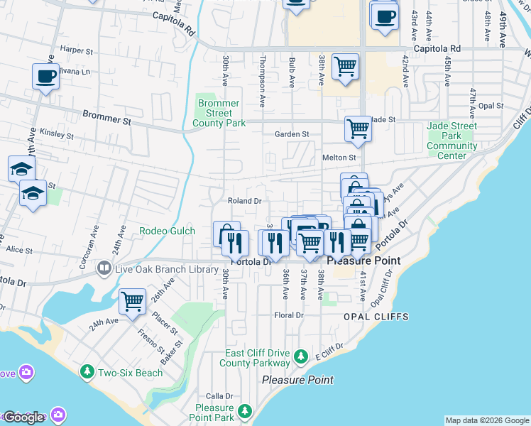 map of restaurants, bars, coffee shops, grocery stores, and more near 980 34th Avenue in Santa Cruz