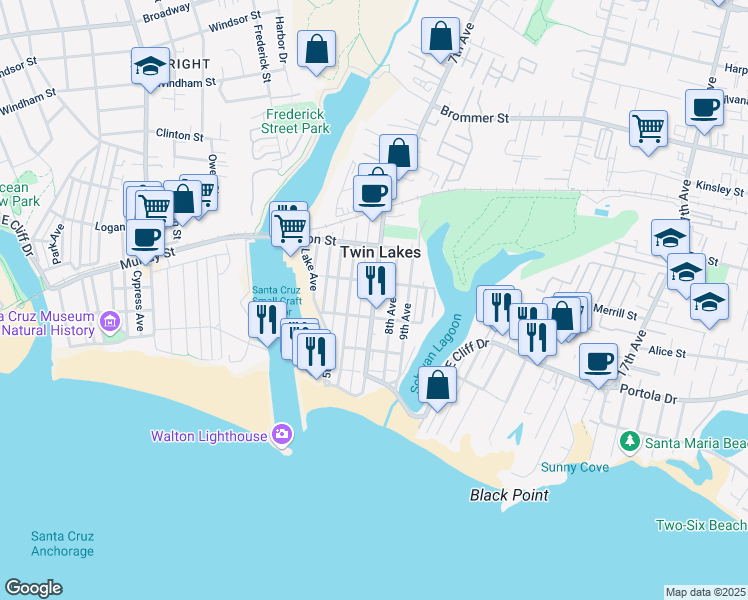 map of restaurants, bars, coffee shops, grocery stores, and more near 360 7th Avenue in Santa Cruz