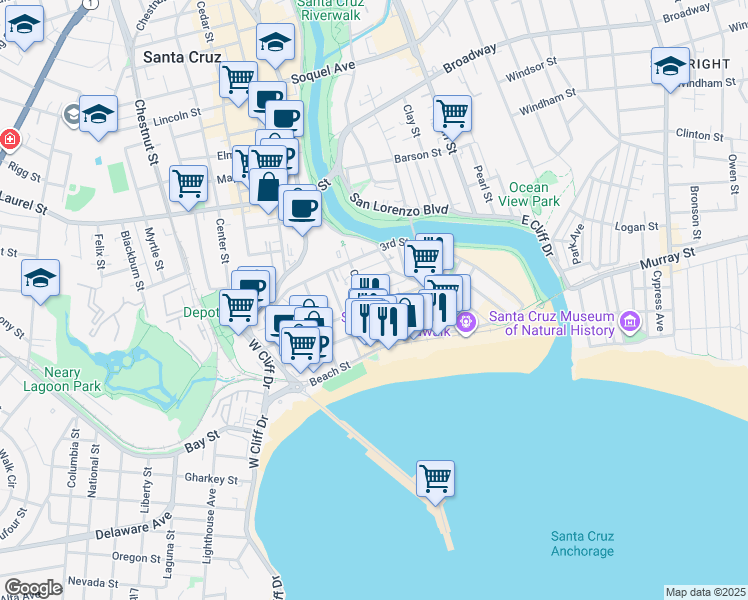 map of restaurants, bars, coffee shops, grocery stores, and more near 304 Cliff Street in Santa Cruz