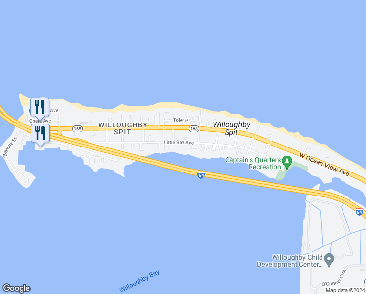 map of restaurants, bars, coffee shops, grocery stores, and more near 1124 Little Bay Avenue in Norfolk