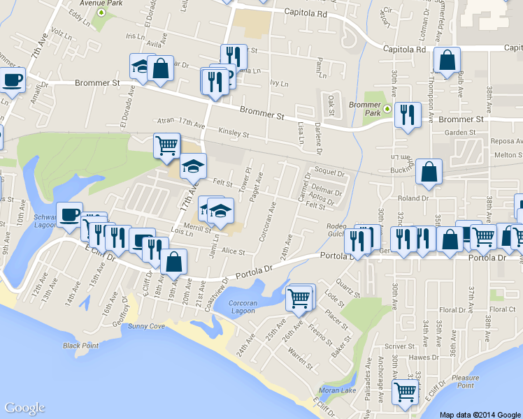 map of restaurants, bars, coffee shops, grocery stores, and more near 823 Corcoran Avenue in Santa Cruz