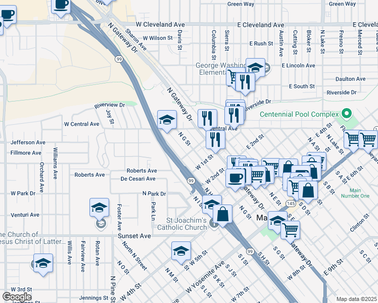 map of restaurants, bars, coffee shops, grocery stores, and more near 201 Roberts Avenue in Madera
