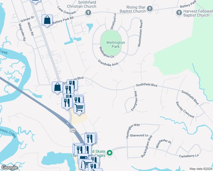 map of restaurants, bars, coffee shops, grocery stores, and more near 309 Smithfield Boulevard in Smithfield