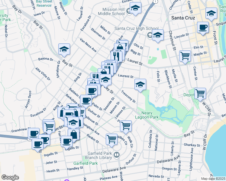 map of restaurants, bars, coffee shops, grocery stores, and more near 1214 Bay Street in Santa Cruz