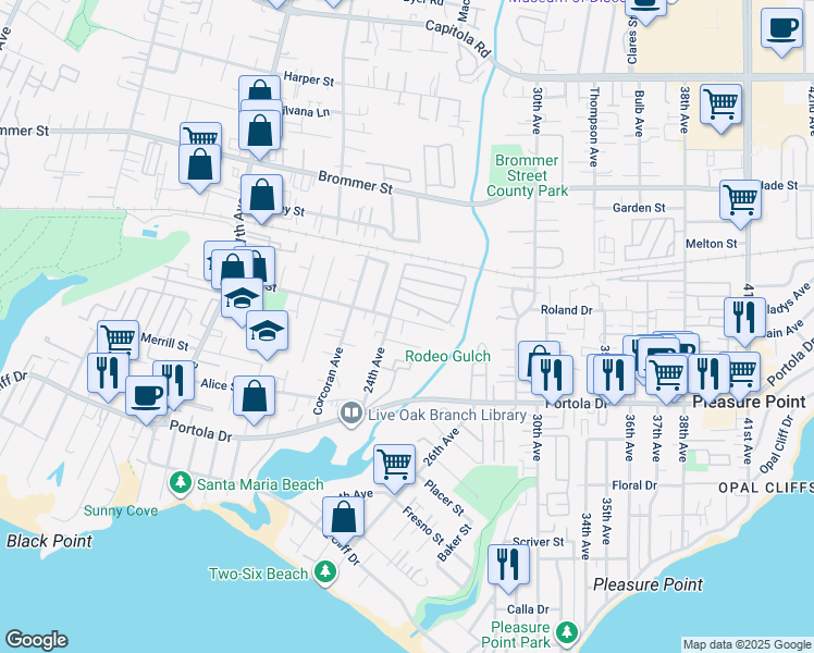 map of restaurants, bars, coffee shops, grocery stores, and more near 2436 Felt Street in Santa Cruz