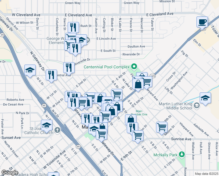 map of restaurants, bars, coffee shops, grocery stores, and more near 301 North B Street in Madera
