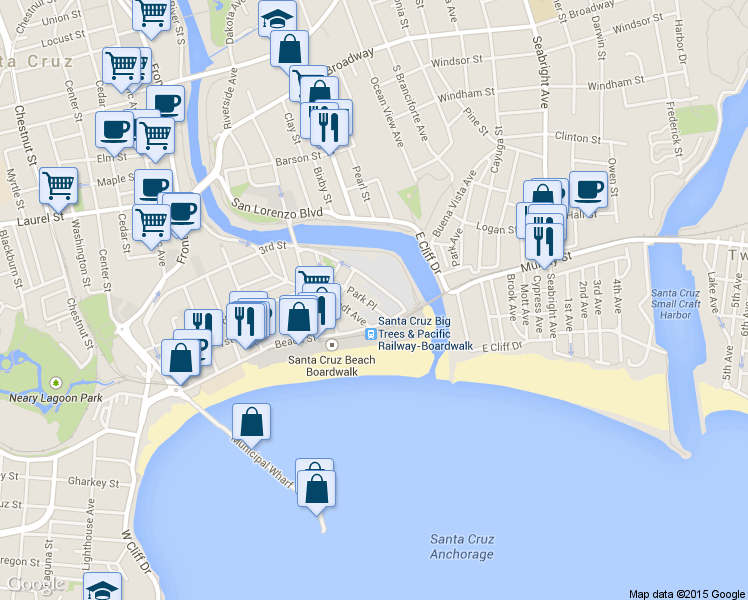 map of restaurants, bars, coffee shops, grocery stores, and more near 140 Park Place in Santa Cruz