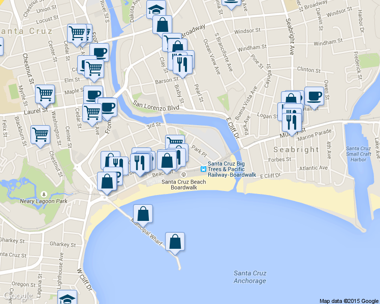 map of restaurants, bars, coffee shops, grocery stores, and more near 140 Park Place in Santa Cruz