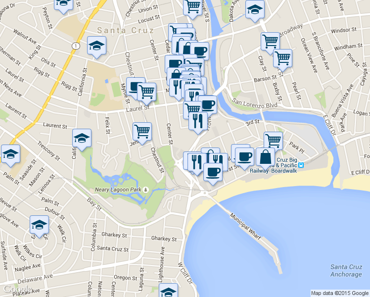 map of restaurants, bars, coffee shops, grocery stores, and more near 417 Pacific Avenue in Santa Cruz