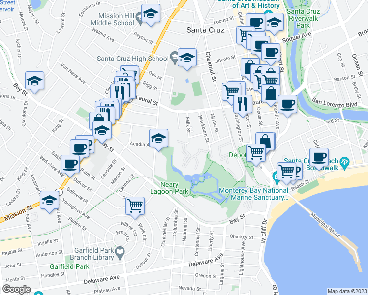 map of restaurants, bars, coffee shops, grocery stores, and more near 109 Felix Street in Santa Cruz