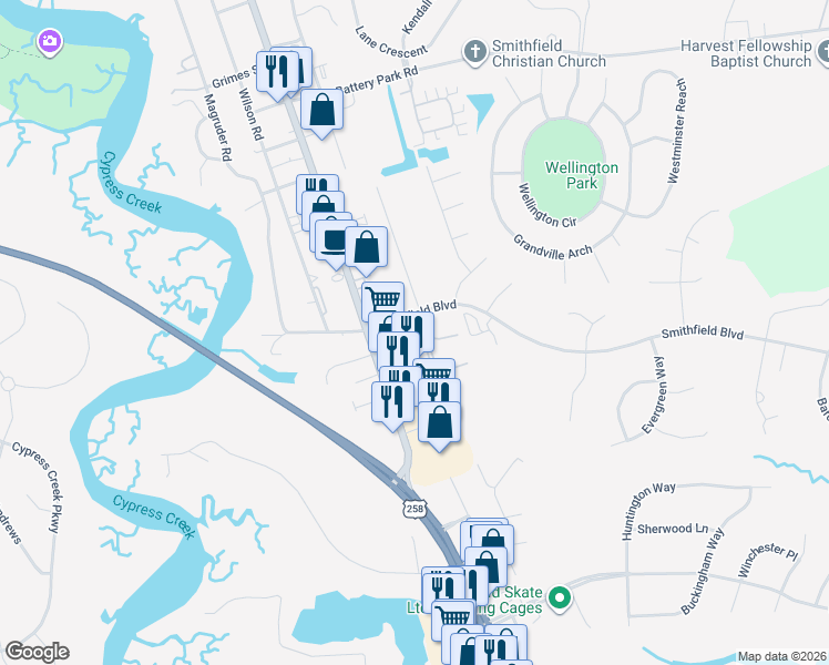 map of restaurants, bars, coffee shops, grocery stores, and more near 100 Montpellier Way in Smithfield